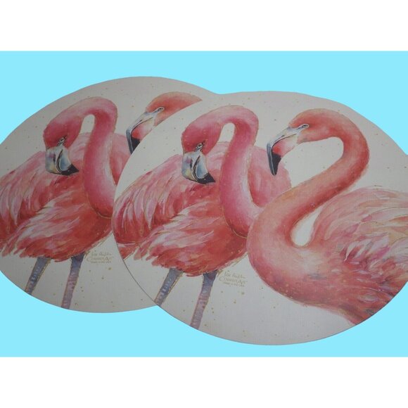 2 Reversible Flamingo Placemats Signed Lisa Audit Counter Art Round USA - Picture 5 of 7